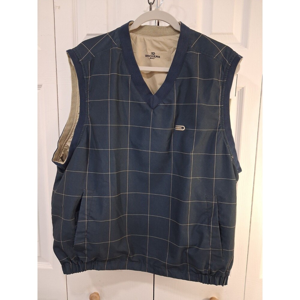 Dockers Golf Navy Windowpane Reversible V-Neck Mens Vest sporty country club Med